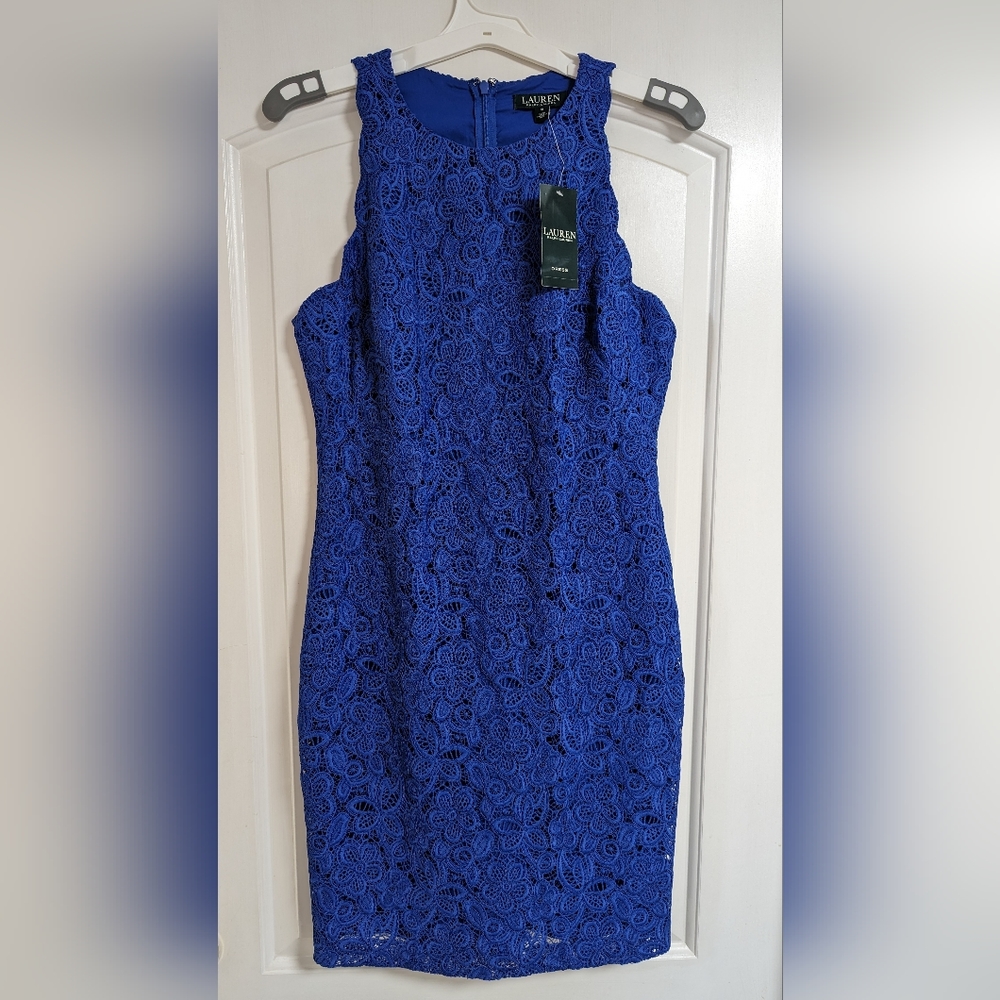 Ralph Lauren Blue Floral Lace Dress Size 12